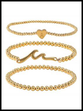 3PC Gold Plated Stretch Bracelet Set Stackable Initial Letter Elastic